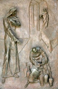Escultura de la puerta de la basílica de la Anunciación: milagro de la boda en Caná, Nazaret, Israel