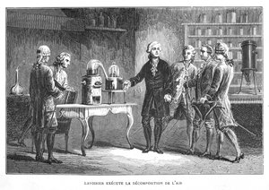 Antoine Laurent Lavoisier, químico francés, demostrando su descubrimiento del oxígeno, 1776 1874