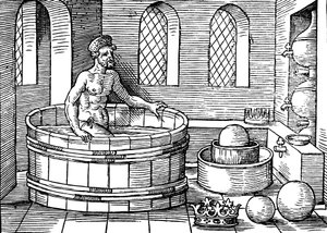 Arquímedes c287-212 a.C., matemático e inventor griego antiguo, en su baño