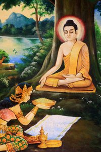 Buda ascético fue ofrecido un cuenco de arroz con leche en la mañana de su Iluminación por Nandabala. Pintura que representa la historia de la vida de Buda Shakyamuni. Wat Ong Teu Mahawihan. Templo del Buda Pesado. Vientián. Laos de Unbekannt