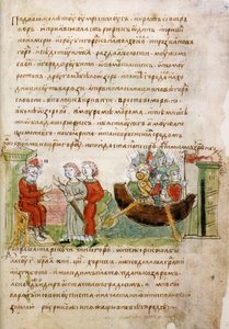 Askold y Dir pidieron permiso a Rurik para ir a Constantinopla del Crónica de Radziwill, siglo XV de Unbekannt