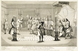 Asamblea de masones antes de la iniciación de un maestro, c1733