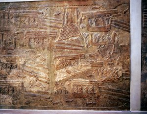 Relieve asirio que muestra el transporte de madera desde el Líbano por agua, Khorsabad, siglo VIII a.C.