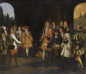 Audiencia de Luis XIV con el Zar Pedro el Grande en Versalles, 1717, primera mitad del siglo XVIII de Unbekannt