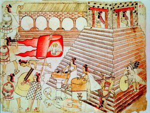Guerreros aztecas defendiendo el templo de Tenochtitlán contra los conquistadores