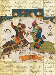 Ataque nocturno de Bahram Shubina al campamento de Khusrau Parviz, c. 1420. Miniatura pintada de Unbekannt