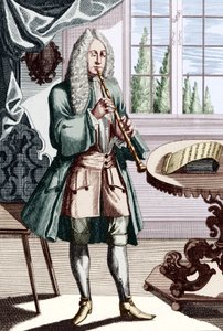 Músico de oboe barroco, la leyenda dice - Hombre tocando el hautboy (o hautbois) que es un oboe temprano. Grabado por J C Weigel (1661-1726) de Musikalisches Theatrum. de Unbekannt