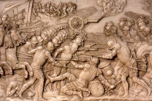 Basílica de San Denis, Tumba de Francisco I rey de Francia y Claudia de Francia, bajo relieve de la Fundación, Representación de la batalla de Marignano en 1515 - los franceses y su artillería enfrentando a la Antigua Confederación Suiza, Saint-Denis, Fran de Unbekannt
