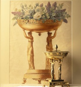 Cesta sostenida por dos mujeres, acuarela de Garneray