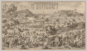 Batalla en Tunggushi Luke: de Escenas de batalla de la represión de las rebeliones..., c. 1765-1774 de Unbekannt