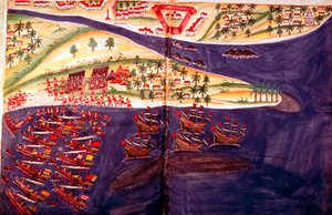 Batalla entre musulmanes y portugueses en Surat, Gujarat cerca de Bombay, India, siglo XVI