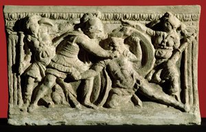 Escena de batalla de una urna cineraria, Etrusca