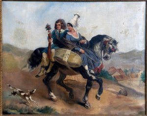 Pareja de campesinos a caballo