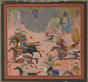 Bazur, el mago, levanta oscuridad y tormenta, folio de un Shahnama de Unbekannt