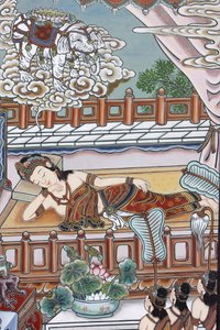 Antes del nacimiento de Siddartha Gautama, su madre soñó con un elefante blanco que le presentaba una flor de loto, Seúl, Corea del Sur