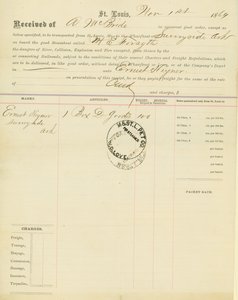 Conocimiento de embarque, barco de vapor M[ary] E. Forsyth, Sunnyside, Arkansas, 1 de noviembre de 1864 de Unbekannt