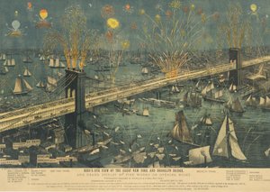 Vista aérea del Gran Puente de Nueva York y Brooklyn, y gran exhibición de fuegos artificiales ..., 1883