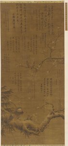Aves y flores de ciruelo en la nieve, dinastía Ming, 1368-1644 de Unbekannt