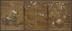 Aves, flores de las estaciones y gatos civetas, período Muromachi o Momoyama, siglo XVI de Unbekannt
