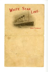 Papel de carta en blanco del RMS Titanic [dado a los Hurds por un sobreviviente desconocido], ca. 1912