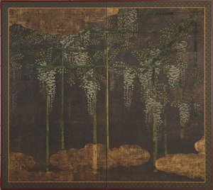 Glicinas en flor sobre un enrejado de bambú, período Momoyama, siglos XVI-XVII