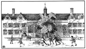 Niños en tiempos Tudor jugando al fútbol en la Escuela de Gramática de Berkhamsted, Hertfordshire de Unbekannt