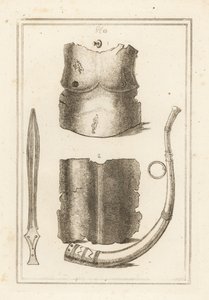 Coraza y espaldar de una coraza romana antigua 1,2, lituus romano o trompeta militar 3 y espada de bronce antigua 4 de Unbekannt