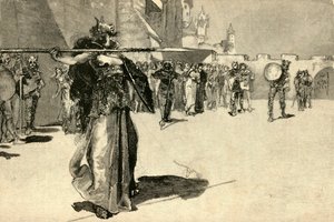 Brunilda, la reina guerrera, lanza su lanza al escudo de Gunther, 1882 de Unbekannt
