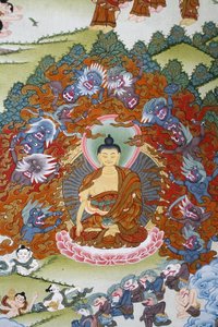 Buda Sakya Muni rodeado por la tentación. Thangka, Bhaktapur, Nepal de Unbekannt