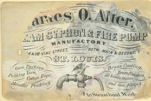 Tarjeta de presentación de James O. Alter, fábrica de sifones de vapor y bombas contra incendios, St. Louis, ca. 1870 de Unbekannt