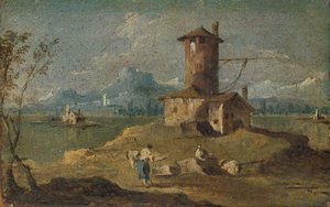 Capricho con una isla, una torre y casas