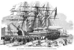 Caroline Chisholm dirigiéndose a una multitud desde el barco emigrante Ballengeich de Unbekannt