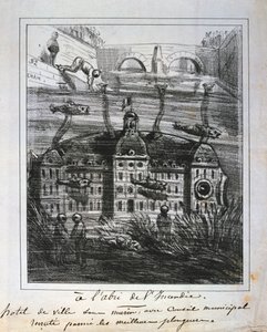 Propuesta de caricatura para reconstruir el Hotel de Ville bajo el agua para prevenir incendios, Comuna de París, 1871 de Unbekannt
