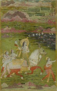 Chand Bibi cazando con halcón y asistentes en un paisaje
