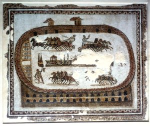 Carrera de carros en la arena, mosaico romano, siglo II de Unbekannt