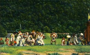 Indios Cherokee en traje nativo completo en una de sus danzas ceremoniales - En la reserva india Cherokee de Unbekannt