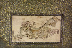 Criaturas quiméricas chinas Chilins luchando con un dragón, siglo XVI