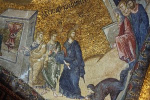Iglesia museo de Chora: mosaico que representa a la mujer pidiendo a Jesús la restauración de su salud, Estambul, Turquía de Unbekannt