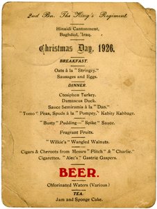Menú del Día de Navidad, 2º Batallón del Regimiento de los Reyes, Irak, 1926 de Unbekannt