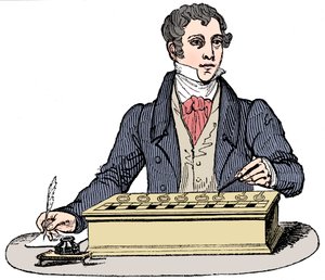 Empleado usando una máquina sumadora de Pascal, 1835 de Unbekannt