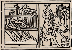 Peinado, hilado y tejido de lana. Del Speculum Vitae Humanae de Rodericus Zamorensis, 1479 de Unbekannt