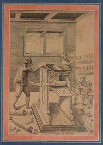Impresores de placas de cobre en el trabajo, folio del Álbum Davis, Irán, fechado A.H. 1199/A.D. 1784-85 de Unbekannt