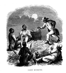 Deshojando maíz, trabajadores negros deshojando maíz, sur de EE.UU., c. 1850 de Unbekannt