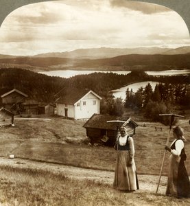 Chicas del campo en tiempo de heno - sobre los lagos Bolkesjo y Folsjo hacia las montañas Himingen, Noruega de Unbekannt