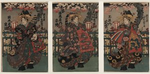 Cortesanas Shigeoka, Sugatano y Hanamurasaki. Tríptico. De la serie Las bellezas de Yoshiw de Unbekannt