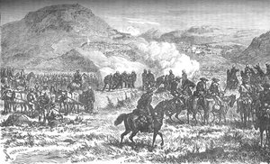 Cubriendo la retirada del quincuagésimo octavo regimiento después de la Batalla de Laings Nek, c1880