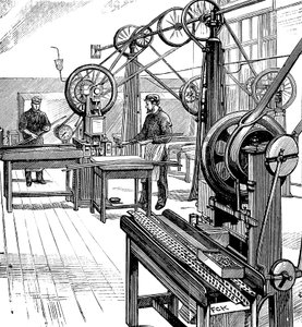 Corte de planchas de monedas de tiras de metal, Real Casa de la Moneda, Londres, 1897