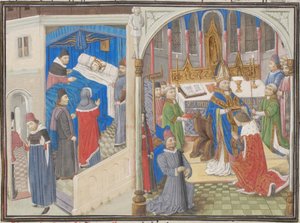 Muerte de Amalric I de Jerusalén. Coronación de Balduino IV. Miniatura de la Historia de Guillermo de Tiro, 1460s de Unbekannt
