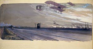 Inicio de la aviación: Louis Paulhan (1884-1963) pasando sobre una vía de tren a bordo de su avión biplano durante la carrera en línea recta de 300 km Londres/Manchester los días 27 y 28 de abril de 1910 de Unbekannt