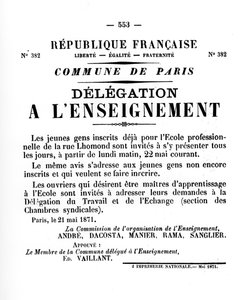 Delegación a la Enseñanza, de los carteles políticos franceses de la Comuna de París, mayo 1871